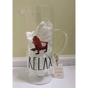 Rae Dunn Clear Glass Pitcher “Relax” 1.6 L Margaritas Lemonade Drink Vase New